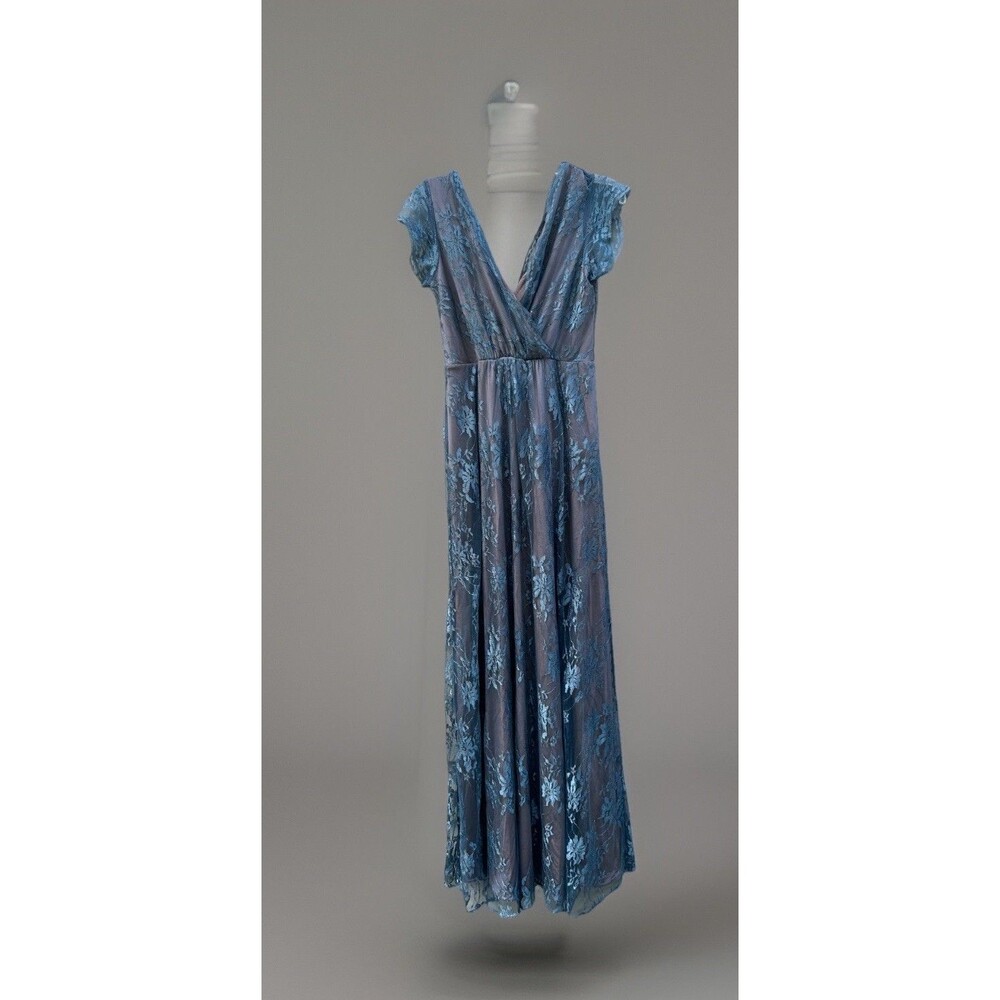 Blue Floral Lace Maxi Dress - Elegant Wrap V-Neck